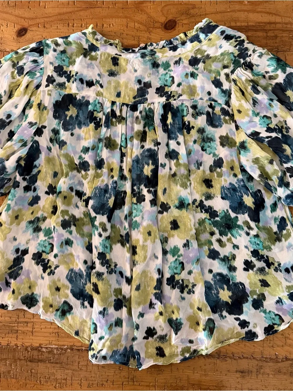 Anthropologie Watercolor Floral Button-Front Blouse in White, Green, Blue